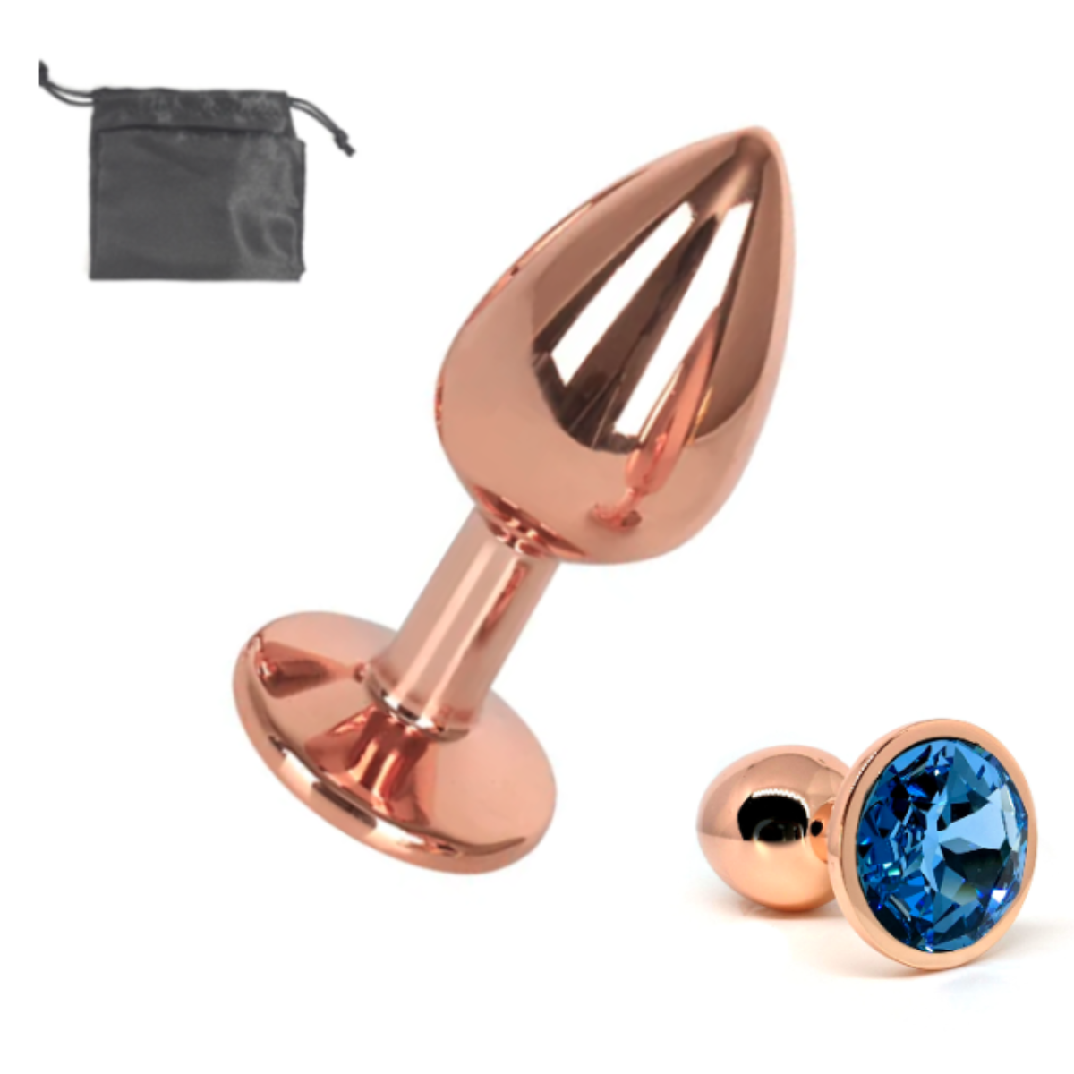 Plug Anal Acero 7cm Oro Rosado Con Bolsito Gema Azul Dilatador