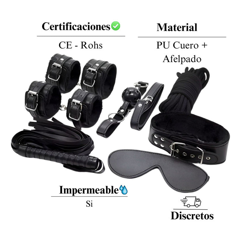 Kit Accesorios Fetiche Bdsm Cuero Esposas Látigo Máscara