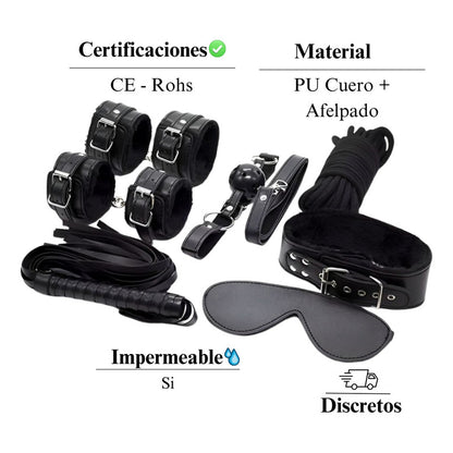 Kit Accesorios Fetiche Bdsm Cuero Esposas Látigo Máscara